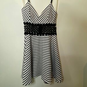 Sarah La Striped Black and White Lace Cut-Out Mini Dress
